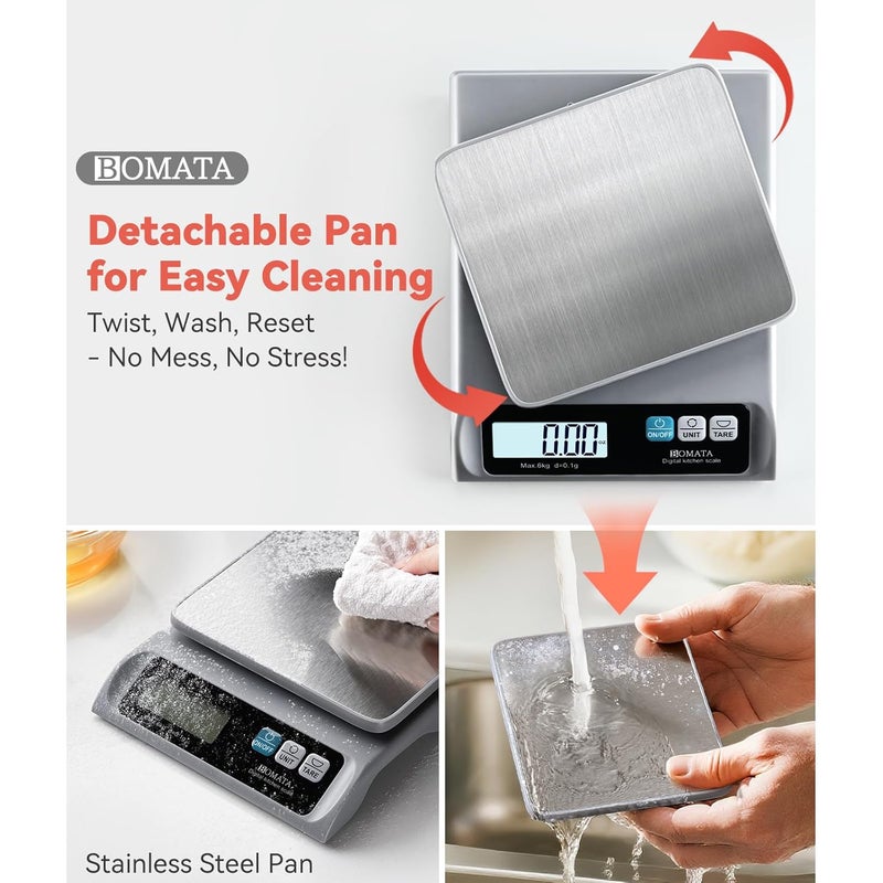 BOMATA 0.1g/ 13lb Food Scale, Digital Kitchen Scale with Removable Stainless Steel Pan, Backlit LCD Display, for Cooking, Baking B621 Grey - Image 3